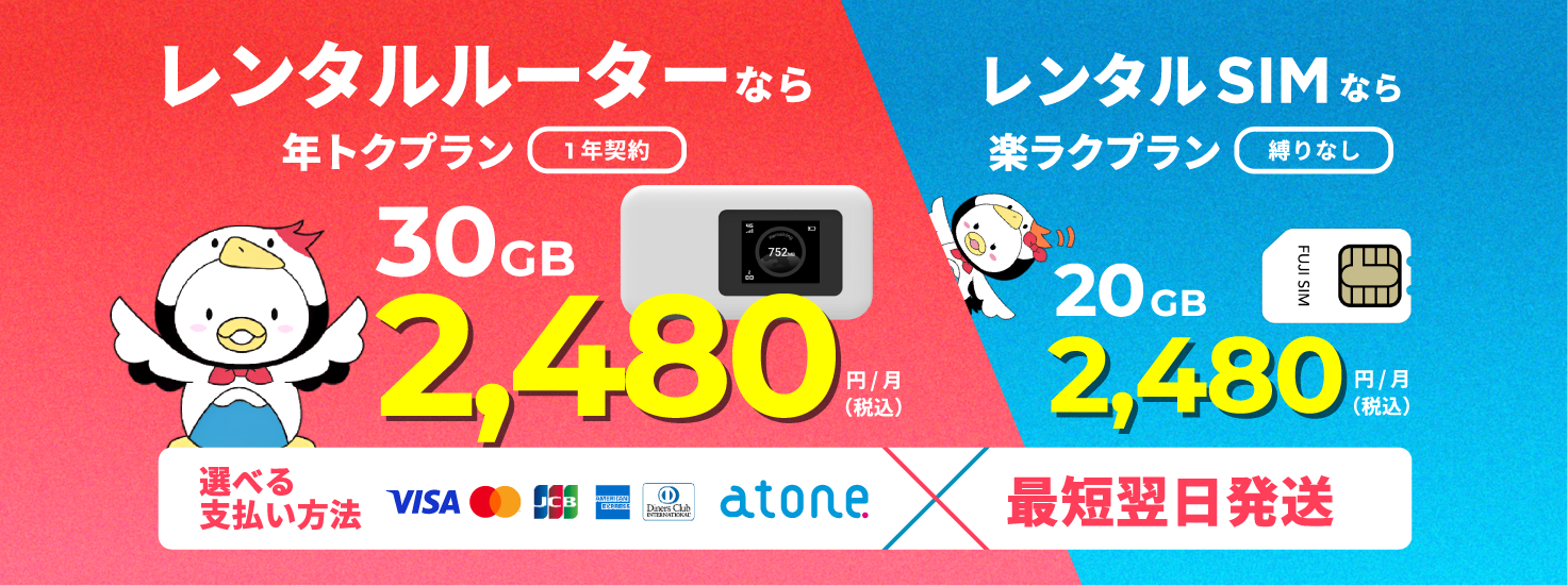 レンタルルーターなら年トクプラン（一年契約）30GB 2,480円/月（税込）。レンタルSIMなら楽ラクSIMプラン（縛りなし）20GB 2,480円/月（税込）。選べる支払い方法。最短翌日発送。
